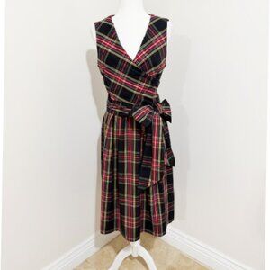 J.Crew Tartan V-Neck Wrap Dress in Stewart Tartan Black Sleeveless Size 14